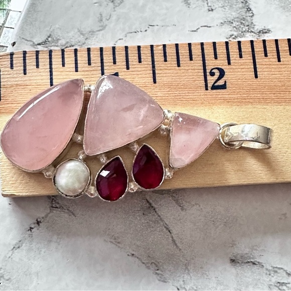 Elegant Pink Quartz Pendant Triple Stone With Red Crystal And Pearl Accents - Picture 3 of 7